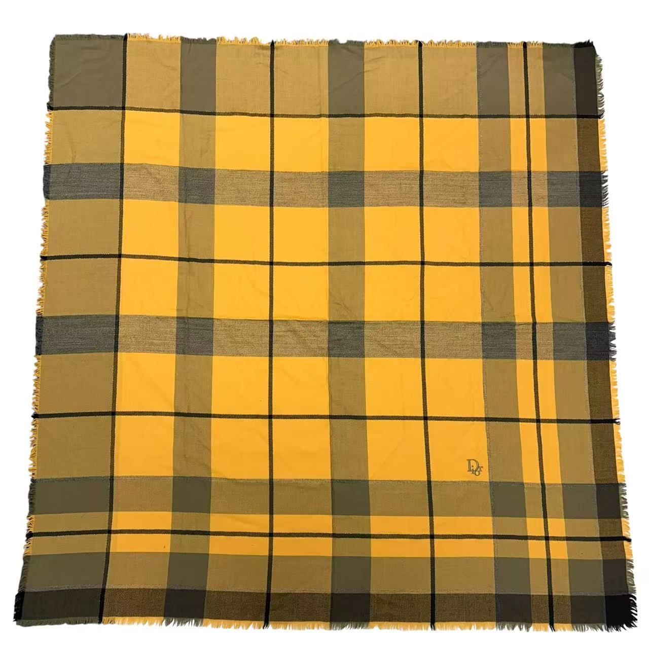 Dior Large Shawl Scarf Embroidery Logo Plaid Yellow