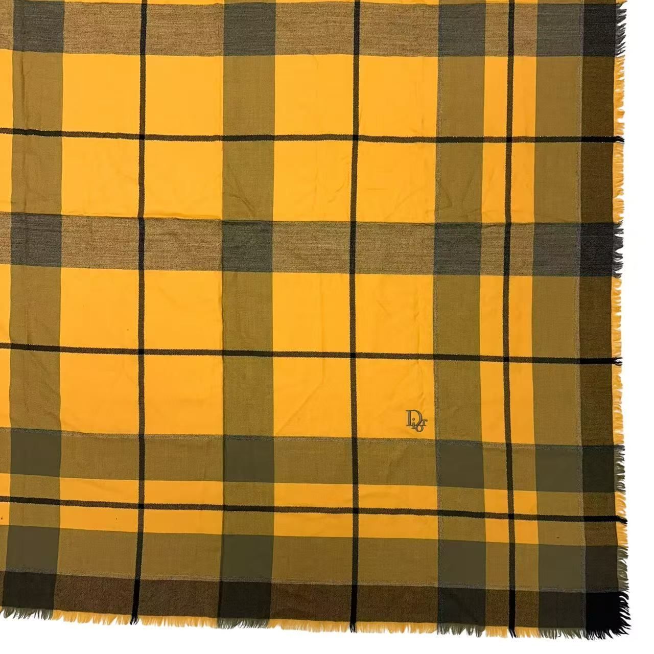 Dior Large Shawl Scarf Embroidery Logo Plaid Yellow — view 3