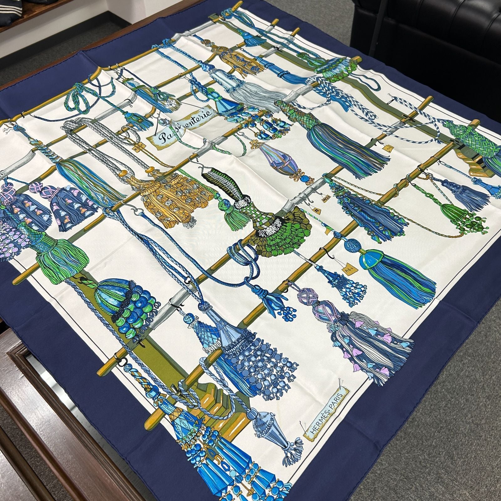 Hermes Carre 90 Silk Twill Pasementerie Blue Multi White Scarf