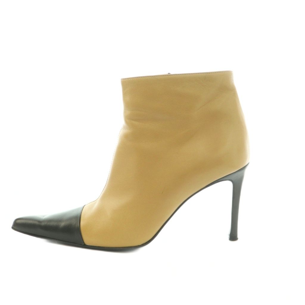 Chanel Short Boots Pointed Toe High Heels Pin Leather Bicolor 38 Beige