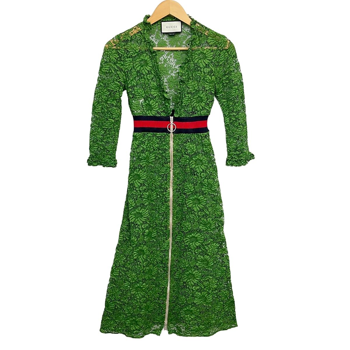 Gucci Dress 36 S Green Dark Navy Red 3/4 Sleeve Long Lace