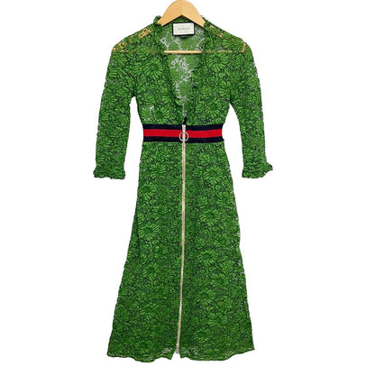 Gucci Dress 36 S Green Dark Navy Red 3/4 Sleeve Long Lace