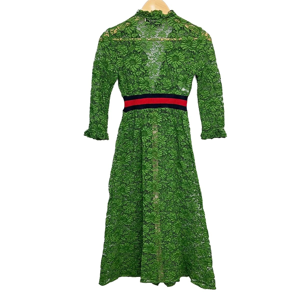 Gucci Dress 36 S Green Dark Navy Red 3/4 Sleeve Long Lace — view 2