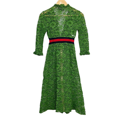 Gucci Dress 36 S Green Dark Navy Red 3/4 Sleeve Long Lace — view 2