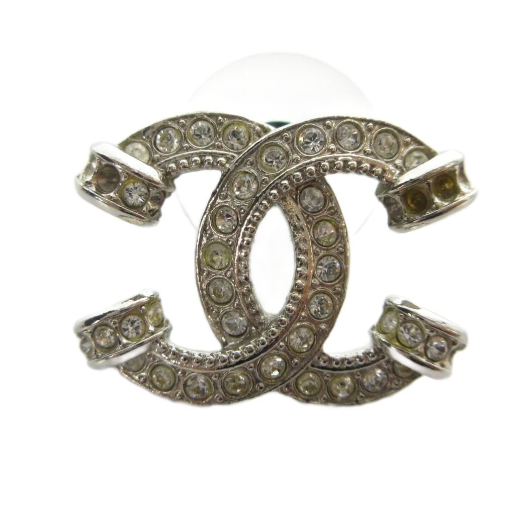 Chanel Earrings CC Logo Rhinestone Silver