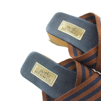 Hermes Fourre Tout Wood Sandals Square Toe 35 Navy — view 4
