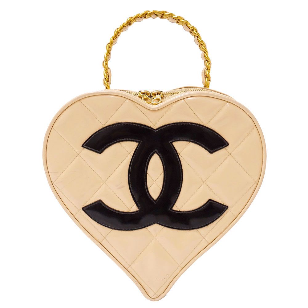 Chanel Bag Handbag Quilted Enamel Heart Vanity Bag Beige Gold Handheld