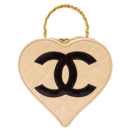 Chanel Bag Handbag Quilted Enamel Heart Vanity Bag Beige Gold Handheld