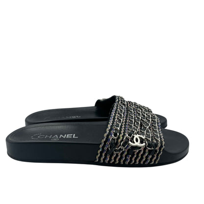 Chanel Sandals Leather CC Logo 6 Chain Shoes Flat Black — view 3