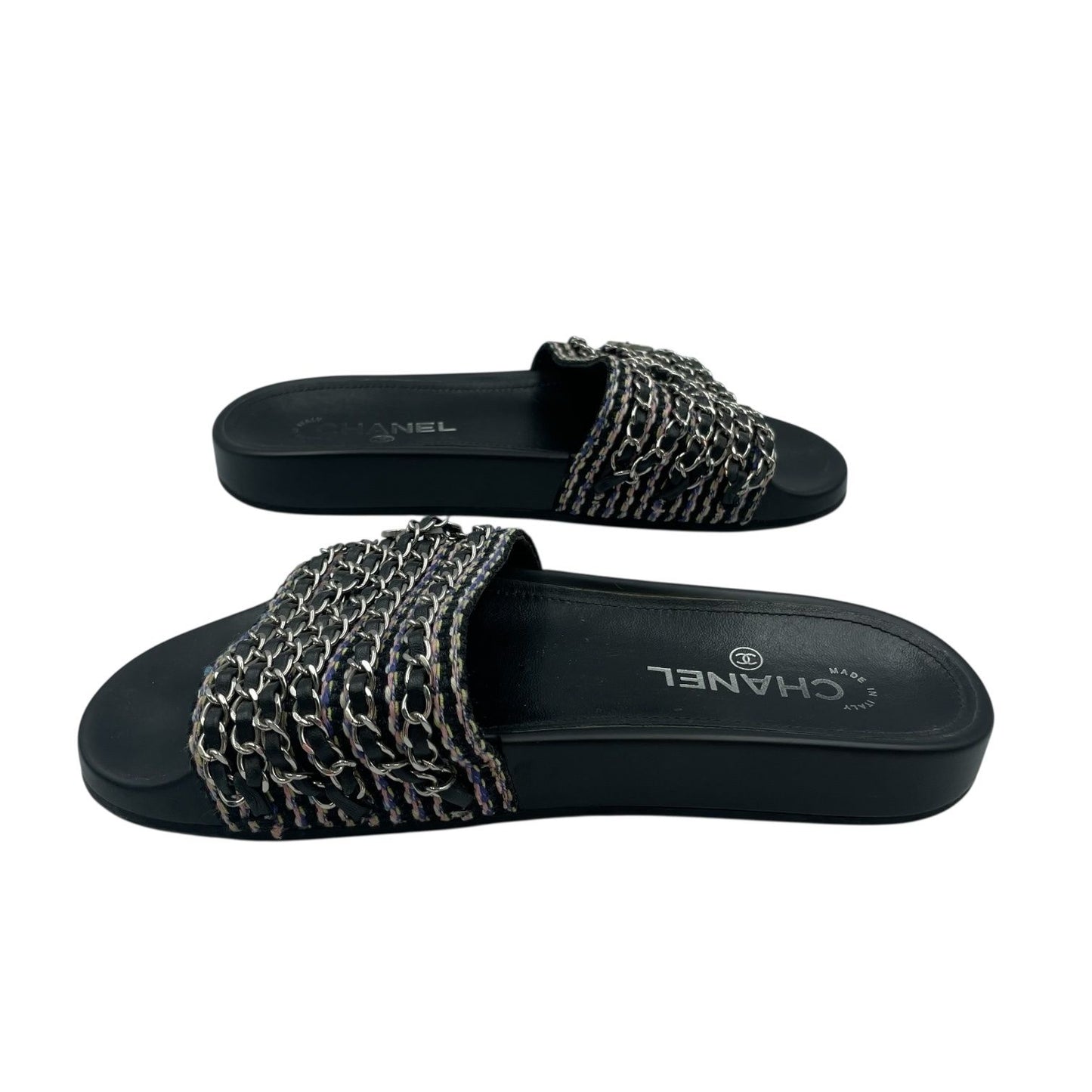 Chanel Sandals Leather CC Logo 6 Chain Shoes Flat Black — view 4