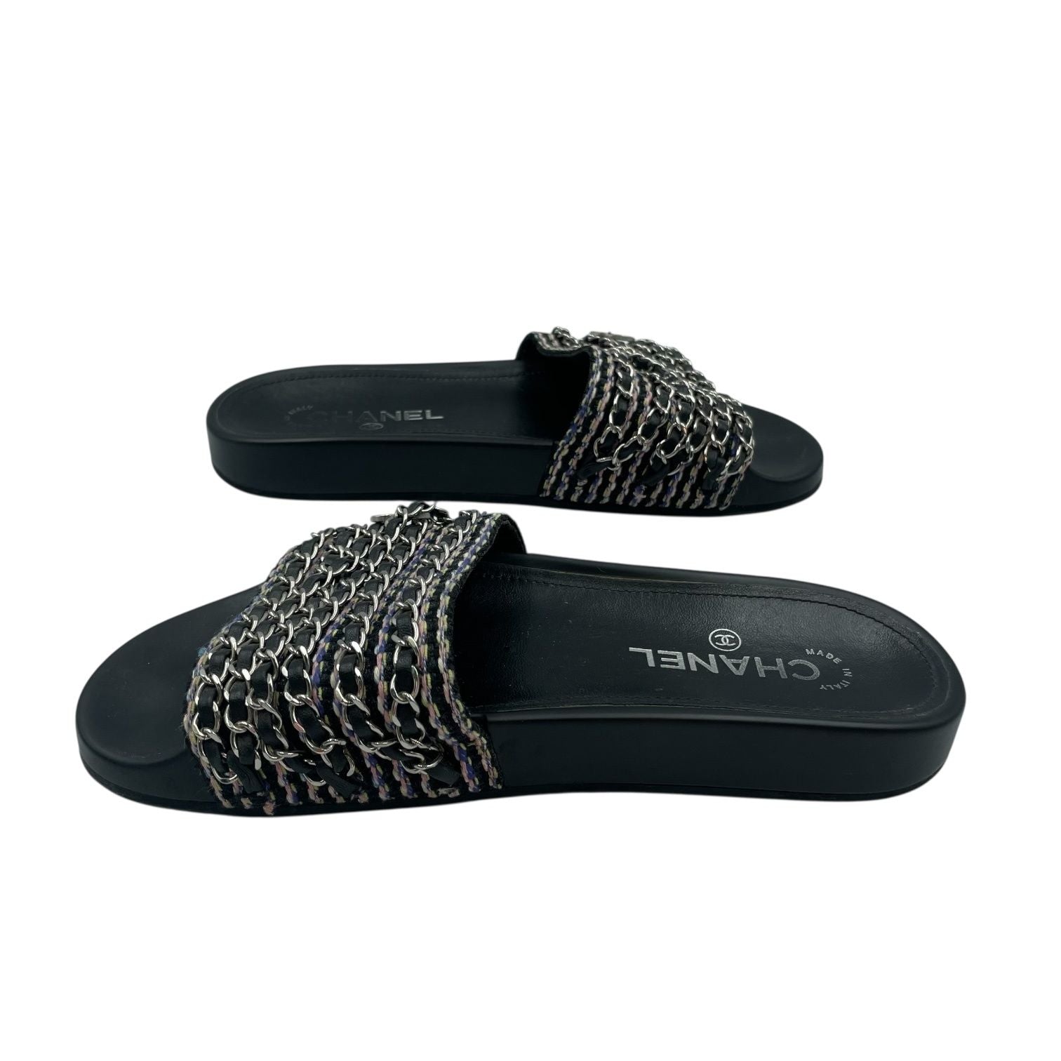 Chanel Sandals Leather CC Logo 6 Chain Shoes Flat Black — view 4