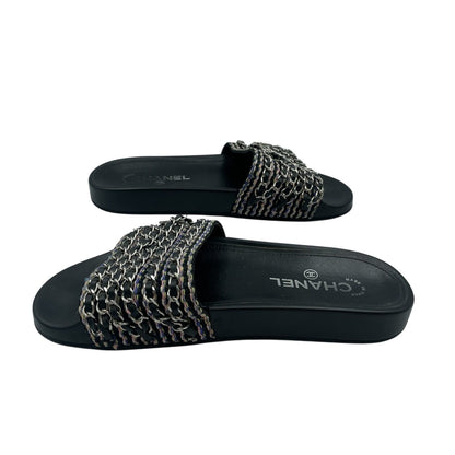 Chanel Sandals Leather CC Logo 6 Chain Shoes Flat Black — view 4