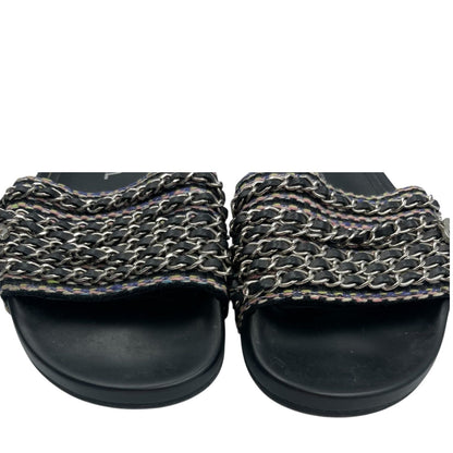 Chanel Sandals Leather CC Logo 6 Chain Shoes Flat Black — view 5