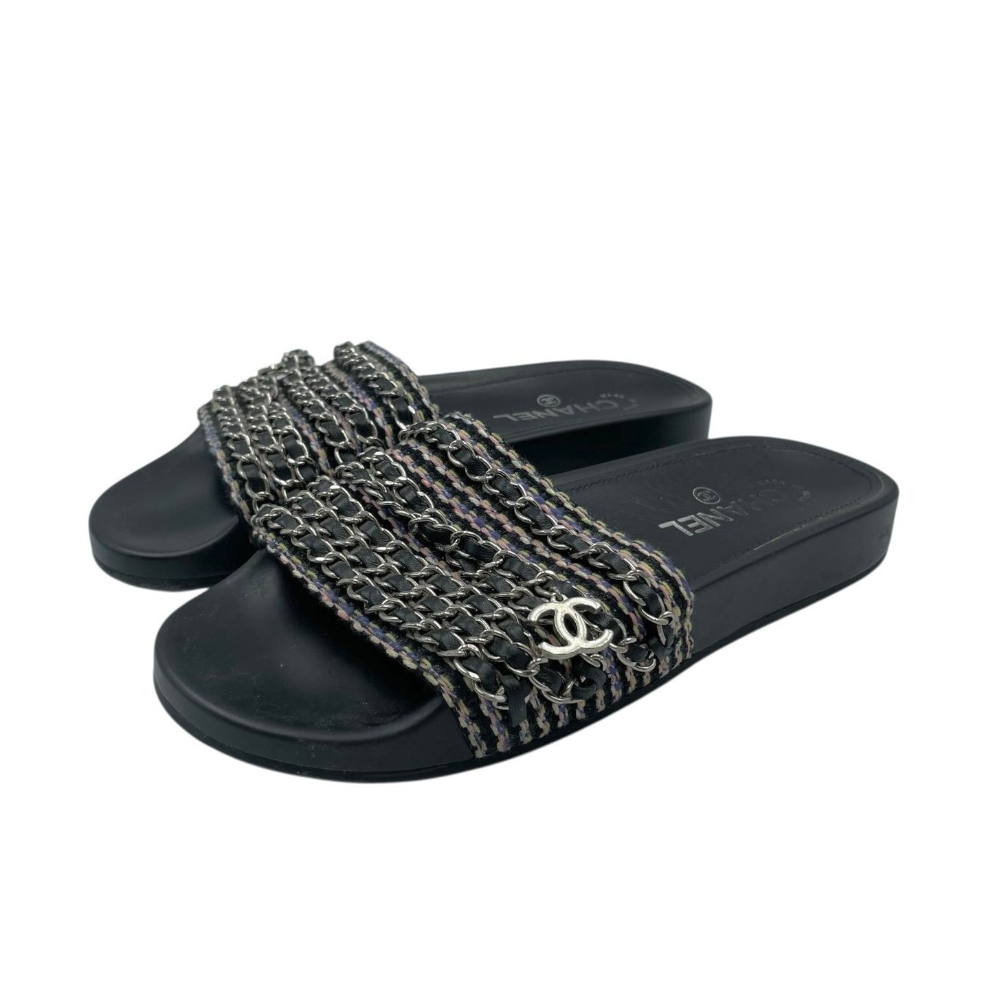 Chanel Sandals Leather CC Logo 6 Chain Shoes Flat Black