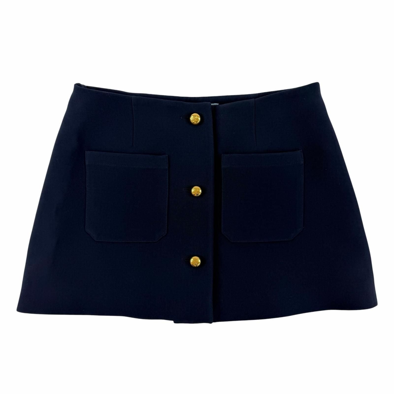 Prada Wool Silk Logo Buttoned Mini Skirt Navy 38