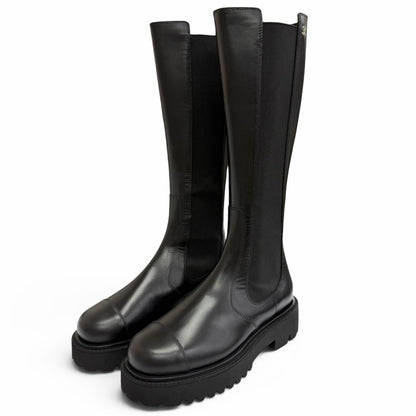 Chanel CC Logo Side Gore Leather Long Boots Thick Sole Black 38 Silhouette