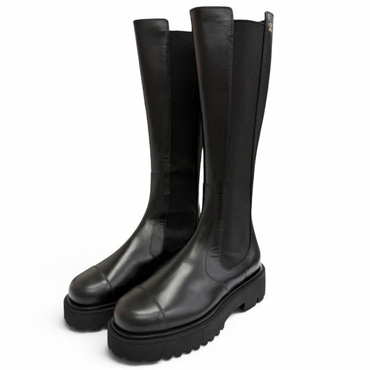 Chanel CC Logo Side Gore Leather Long Boots Thick Sole Black 38 Silhouette