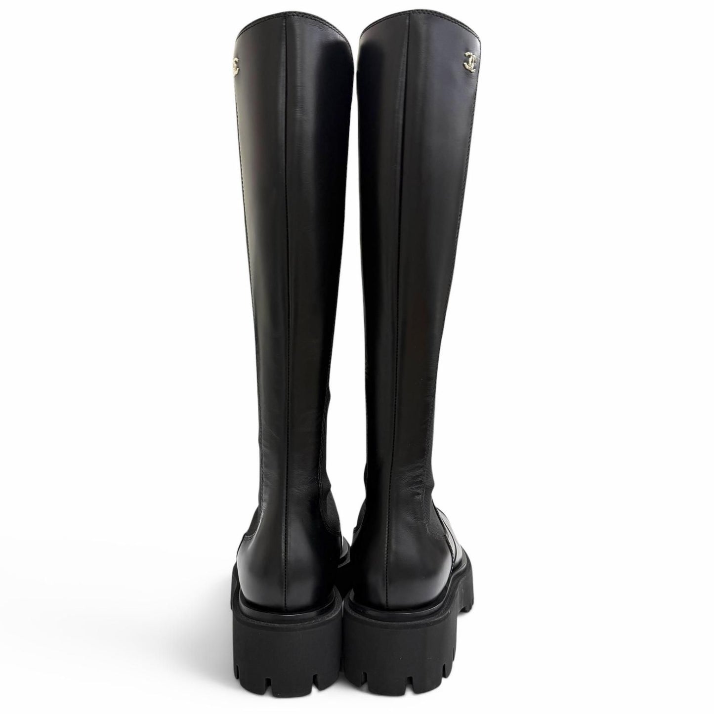 Chanel CC Logo Side Gore Leather Long Boots Thick Sole Black 38 Silhouette — view 5