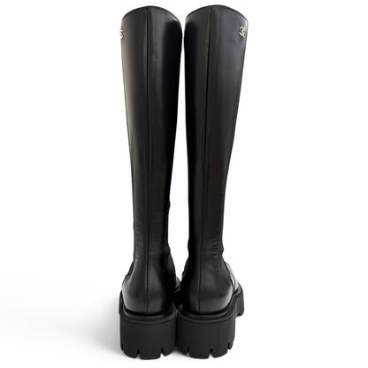 Chanel CC Logo Side Gore Leather Long Boots Thick Sole Black 38 Silhouette — view 5