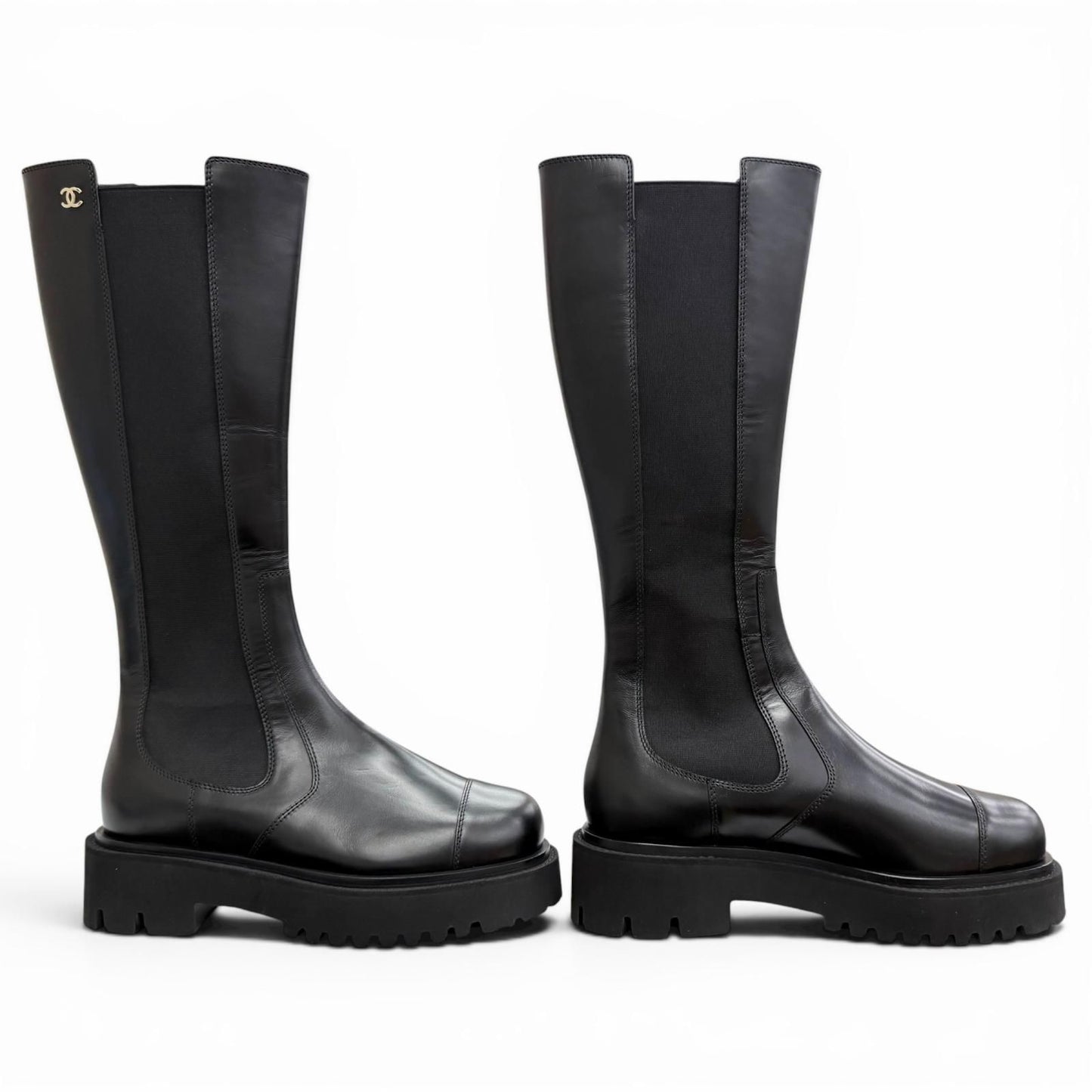 Chanel CC Logo Side Gore Leather Long Boots Thick Sole Black 38 Silhouette — view 4