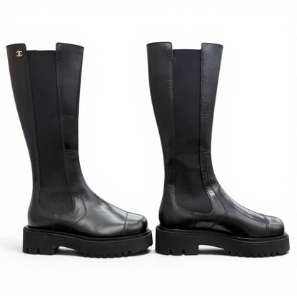 Chanel CC Logo Side Gore Leather Long Boots Thick Sole Black 38 Silhouette — view 4