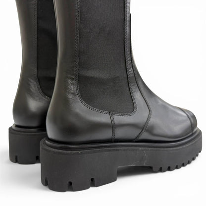 Chanel CC Logo Side Gore Leather Long Boots Thick Sole Black 38 Silhouette — view 6