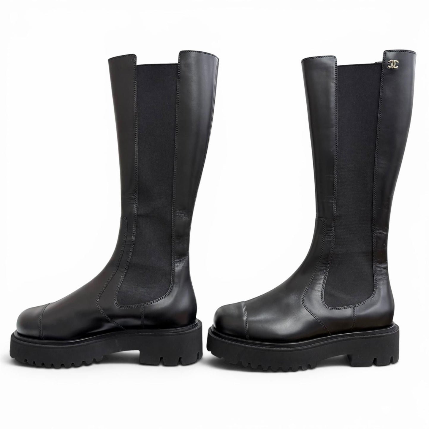 Chanel CC Logo Side Gore Leather Long Boots Thick Sole Black 38 Silhouette — view 3