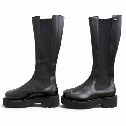 Chanel CC Logo Side Gore Leather Long Boots Thick Sole Black 38 Silhouette — view 3