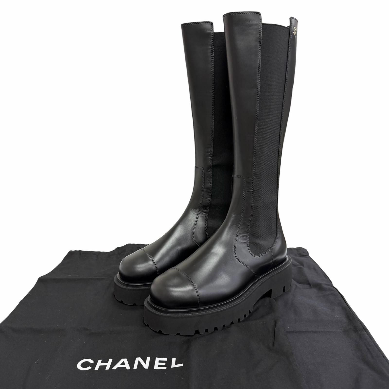 Chanel CC Logo Side Gore Leather Long Boots Thick Sole Black 38 Silhouette — view 2