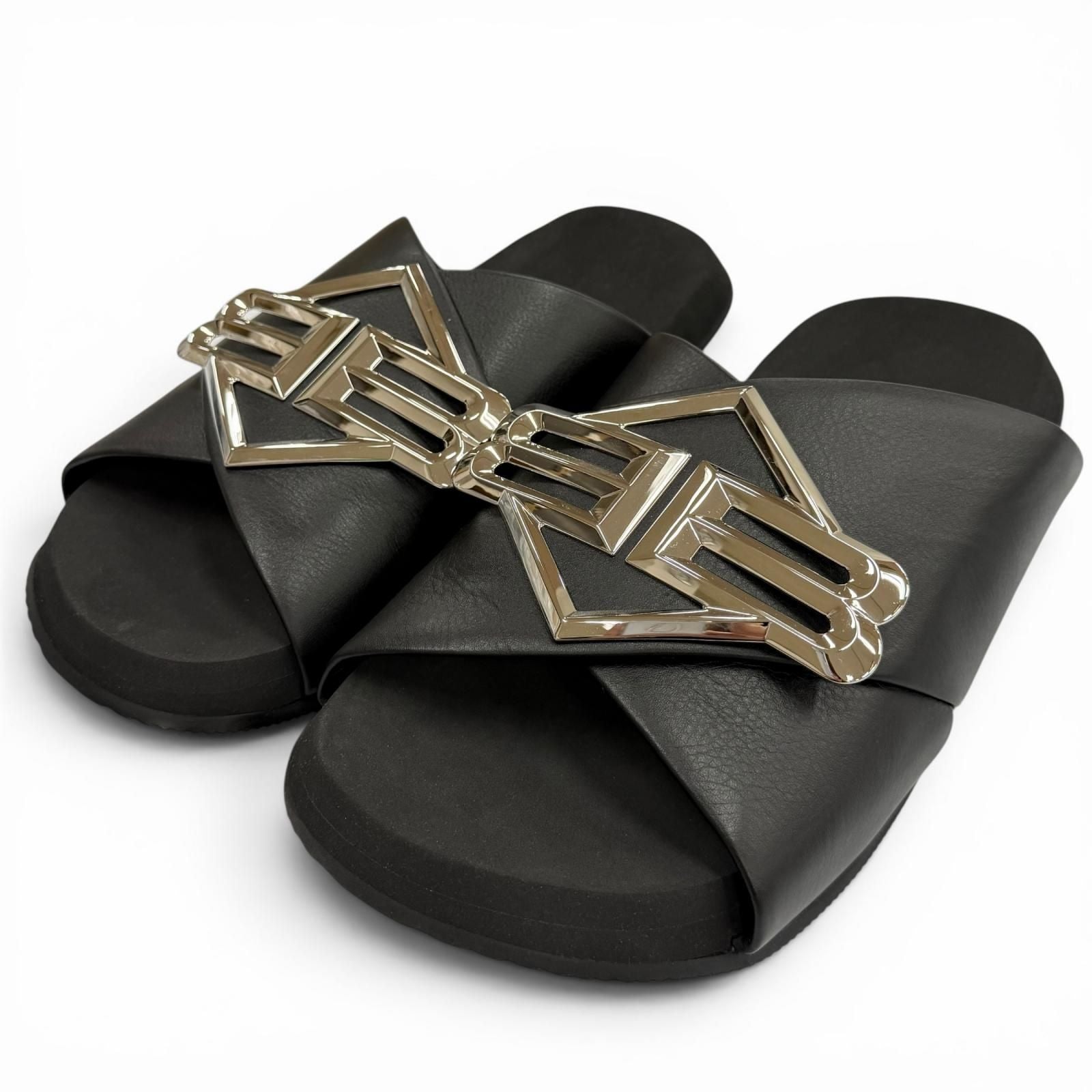 Balenciaga Sunset Flat BB Leather Sandals Black Silver