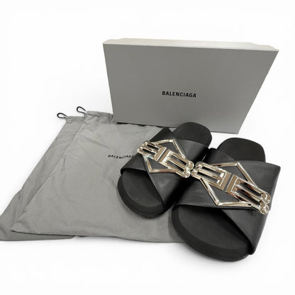 Balenciaga Sunset Flat BB Leather Sandals Black Silver — view 2