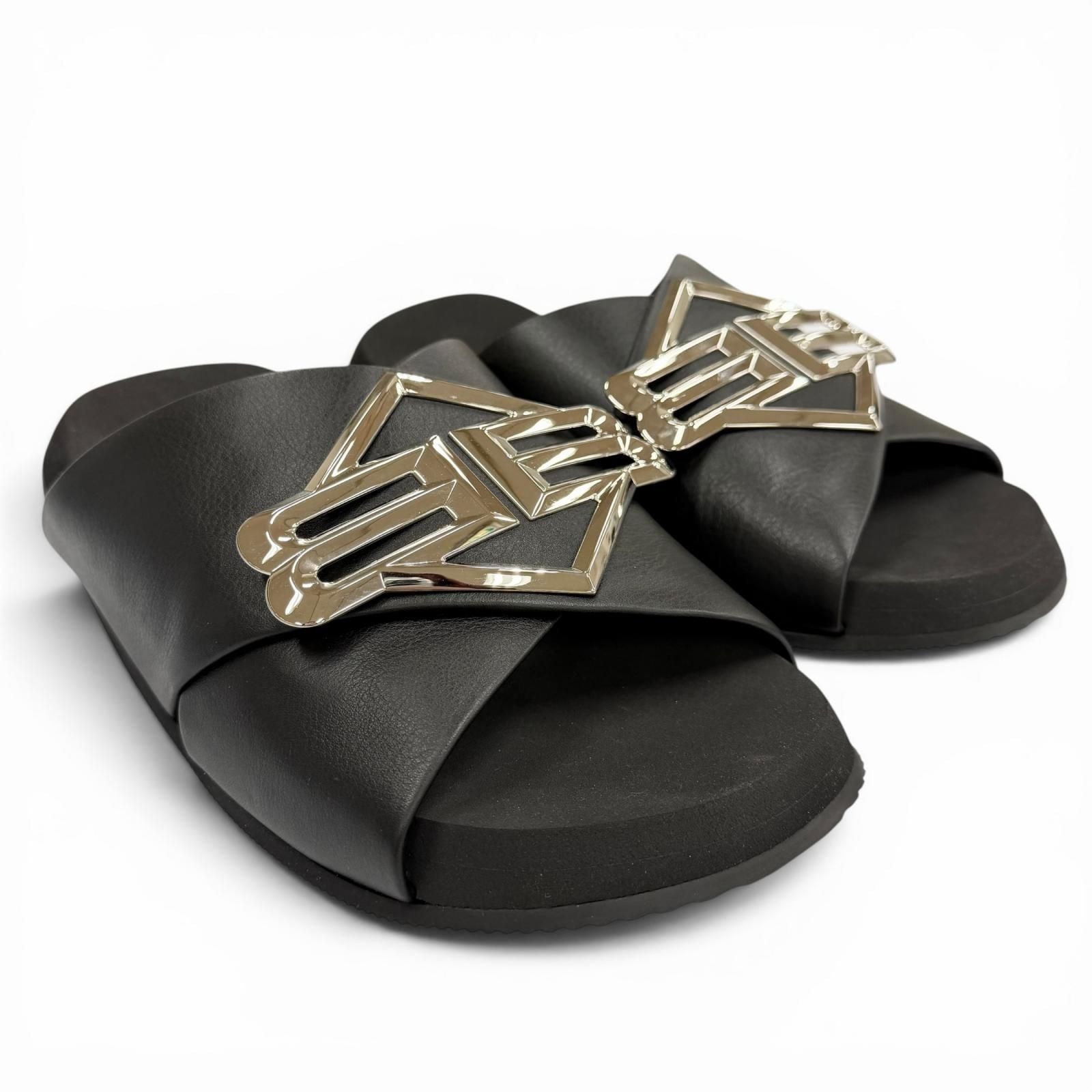 Balenciaga Sunset Flat BB Leather Sandals Black Silver — view 3
