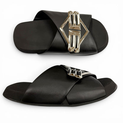 Balenciaga Sunset Flat BB Leather Sandals Black Silver — view 6