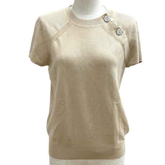Hermes Cashmere Silk Blend Exlibris Short Sleeve Knit Beige 38 Sweater