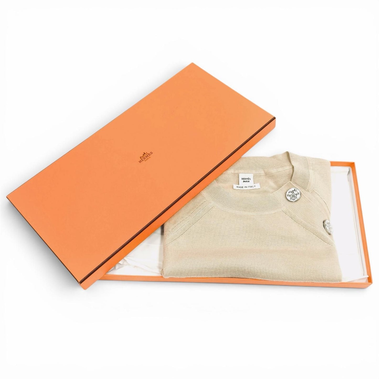 Hermes Cashmere Silk Blend Exlibris Short Sleeve Knit Beige 38 Sweater — view 2
