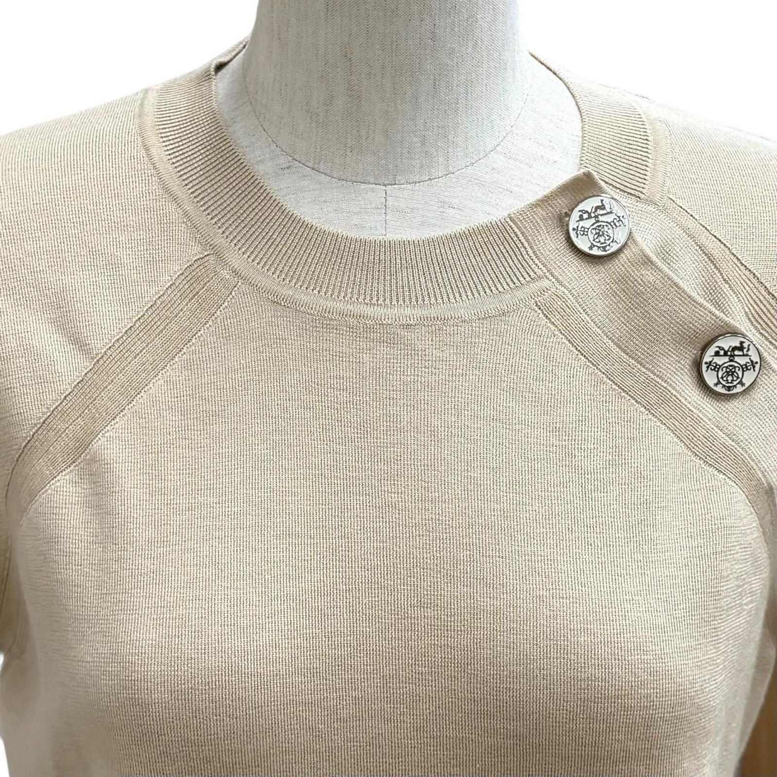Hermes Cashmere Silk Blend Exlibris Short Sleeve Knit Beige 38 Sweater — view 5