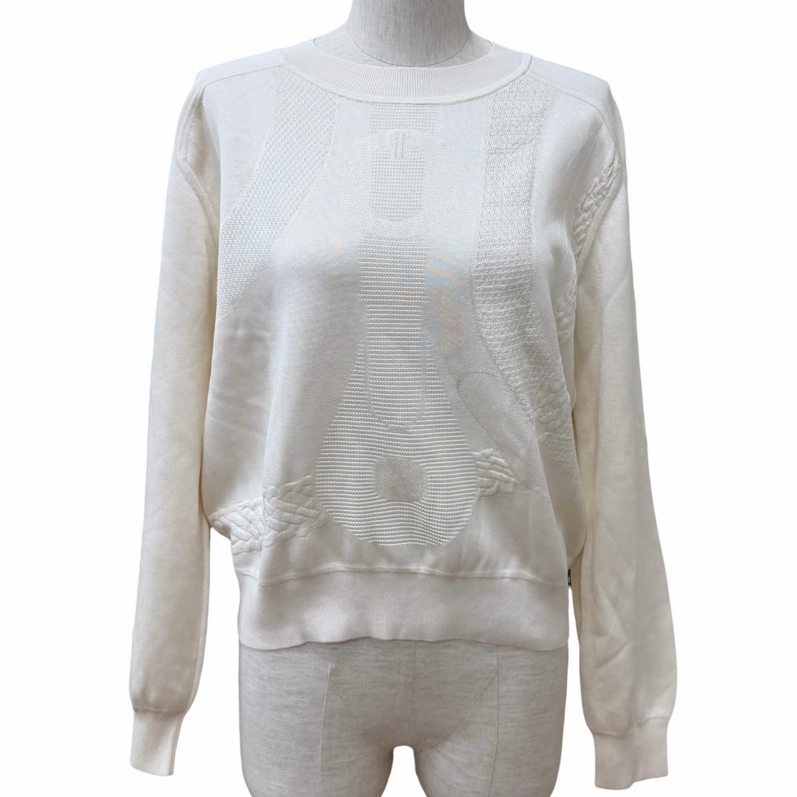 Hermes Silk Blend Coaching Crew Neck Long Sleeve Top Off White 38