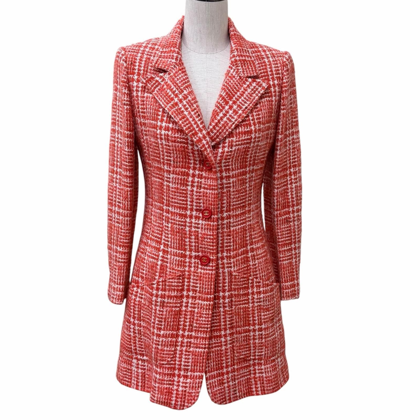 Chanel Vintage Wool Mohair Blend CC Logo Button Tweed Coat Red White 36