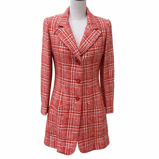 Chanel Vintage Wool Mohair Blend CC Logo Button Tweed Coat Red White 36