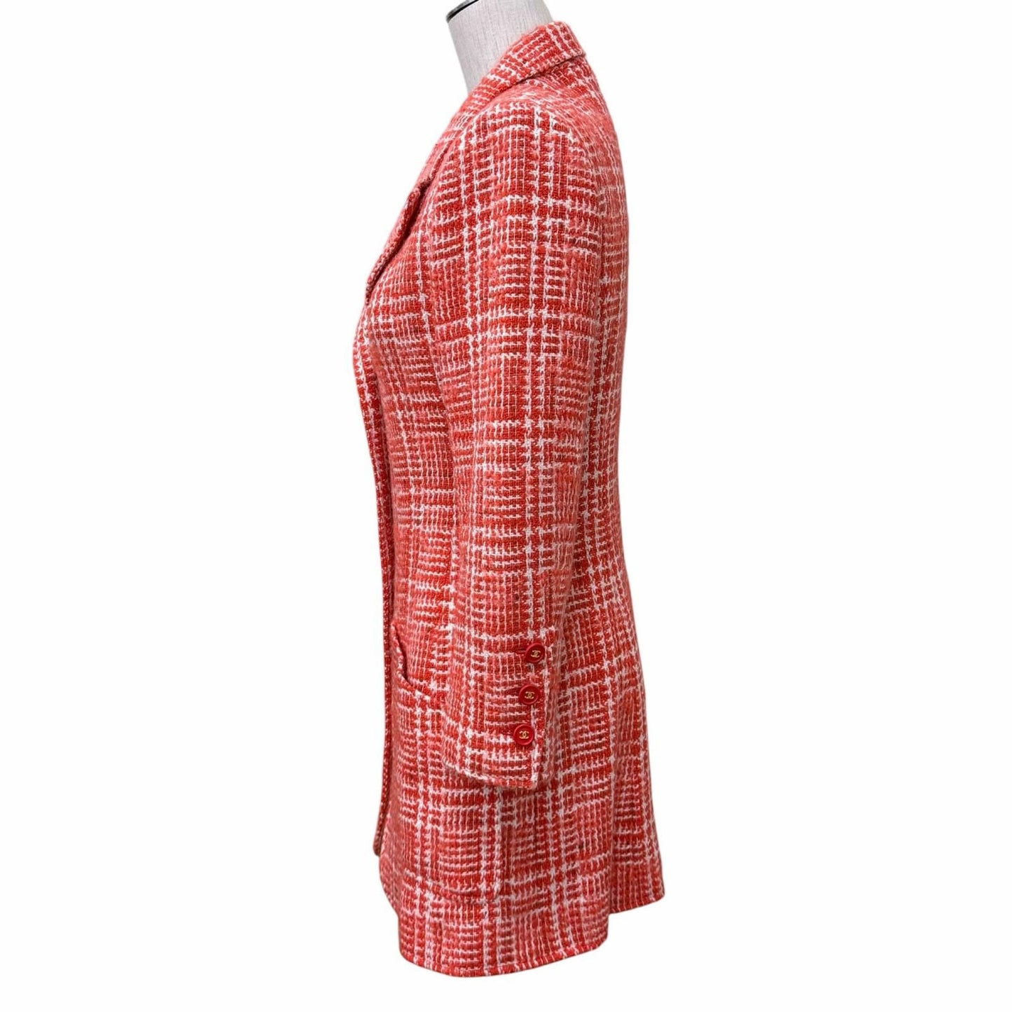 Chanel Vintage Wool Mohair Blend CC Logo Button Tweed Coat Red White 36 — view 2