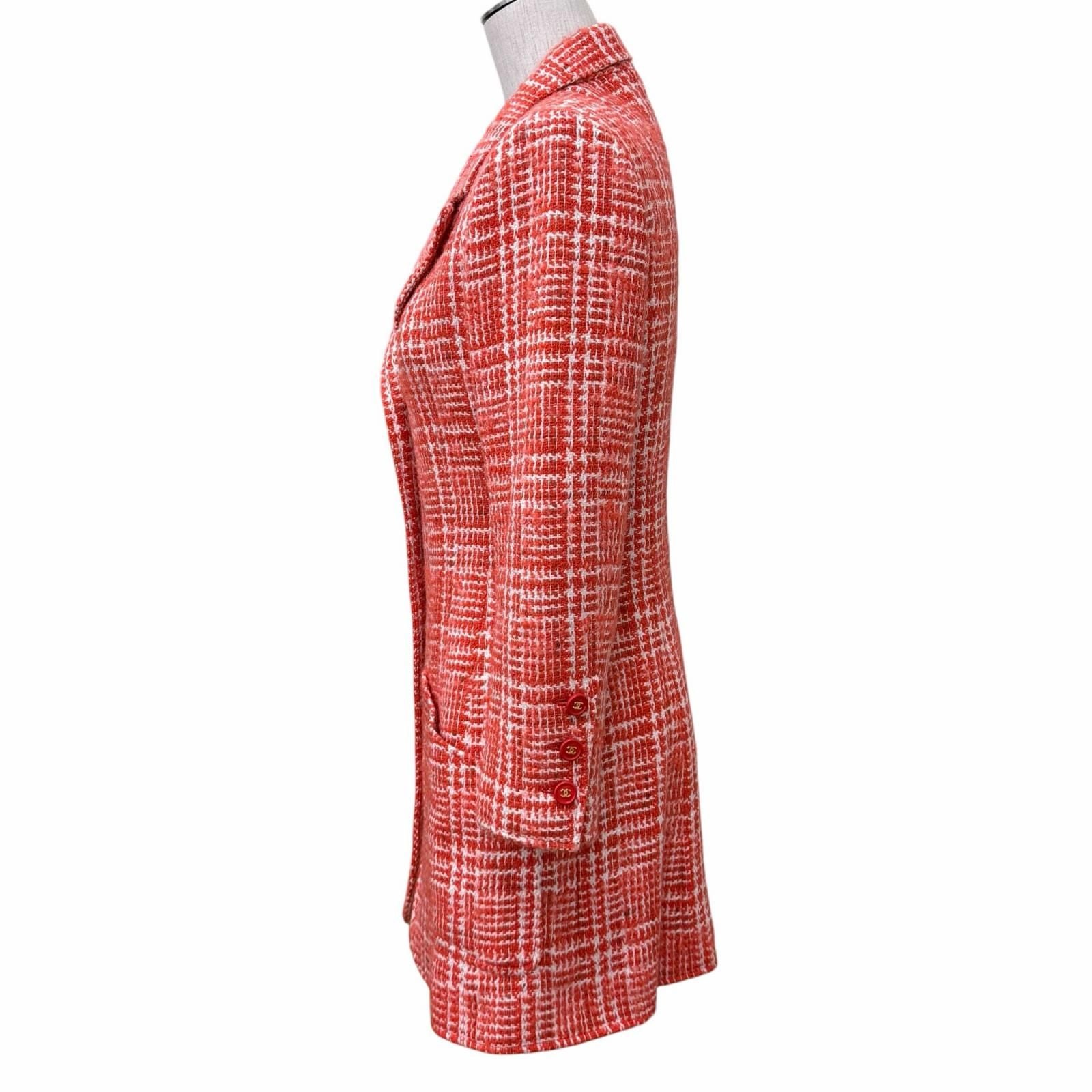 Chanel Vintage Wool Mohair Blend CC Logo Button Tweed Coat Red White 36 — view 2