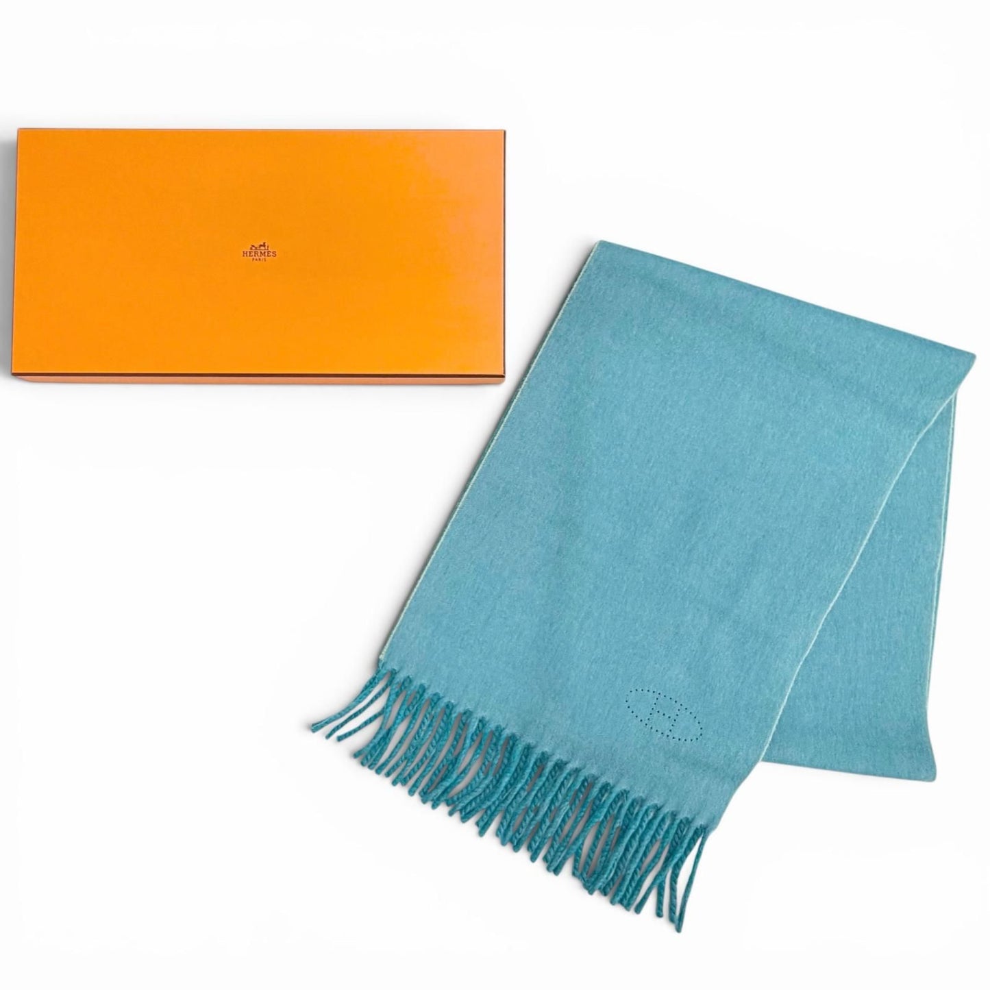 Hermes Cashmere 100% Blue Turquoise Evelyne Logo Fringe Bicolor Scarf — view 2