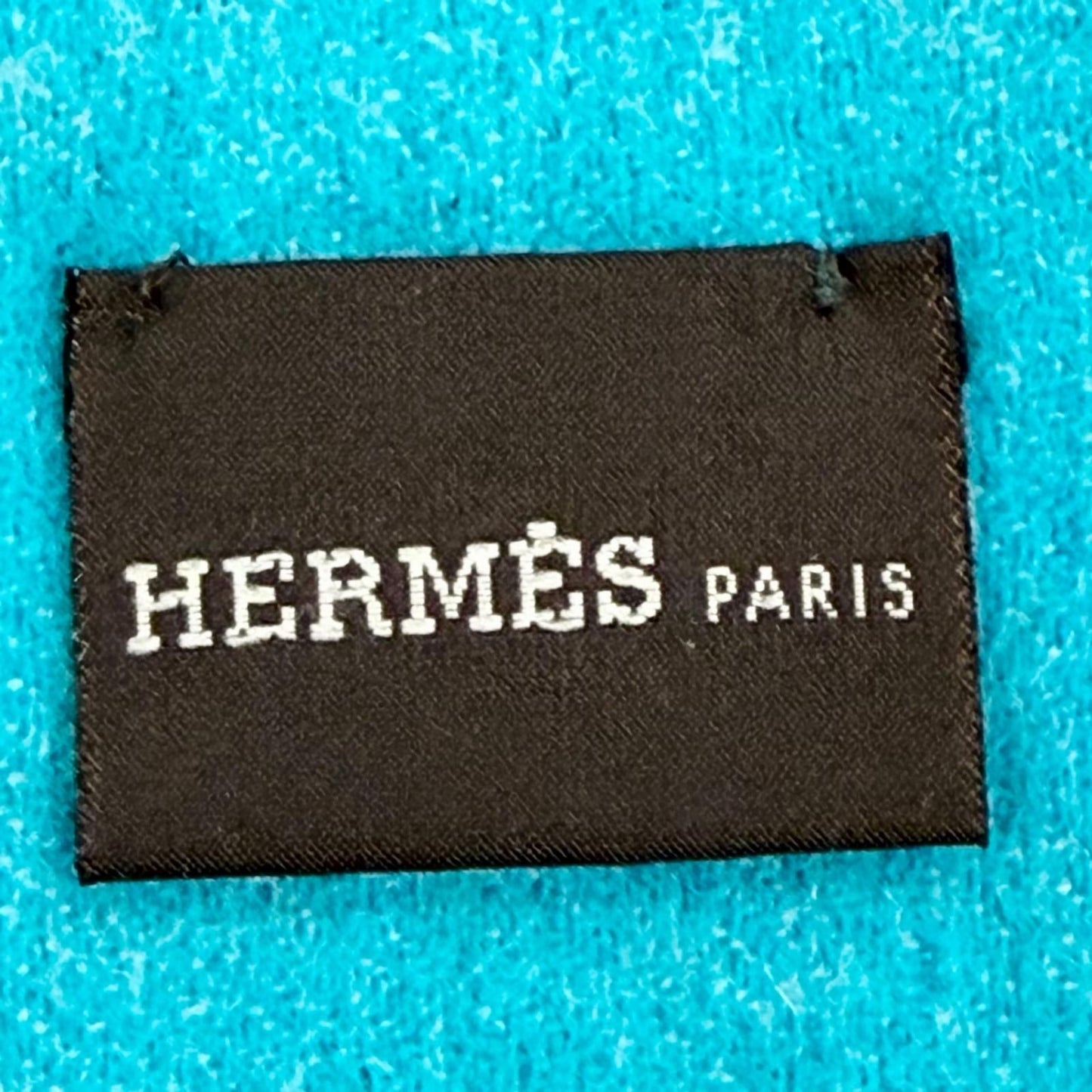 Hermes Cashmere 100% Blue Turquoise Evelyne Logo Fringe Bicolor Scarf — view 8