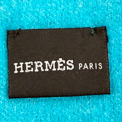 Hermes Cashmere 100% Blue Turquoise Evelyne Logo Fringe Bicolor Scarf — view 8