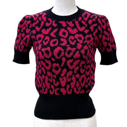 Dior Cashmere Bee Embroidered Leopard Pattern Short Sleeve Knit Pink Black 38