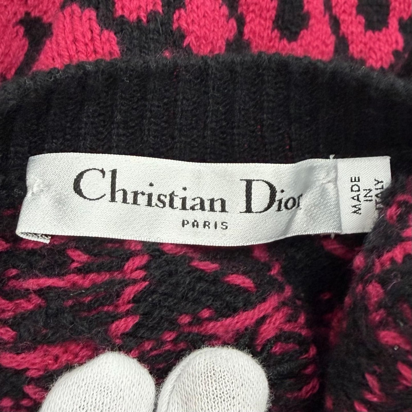 Dior Cashmere Bee Embroidered Leopard Pattern Short Sleeve Knit Pink Black 38 — view 6