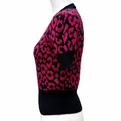Dior Cashmere Bee Embroidered Leopard Pattern Short Sleeve Knit Pink Black 38 — view 2