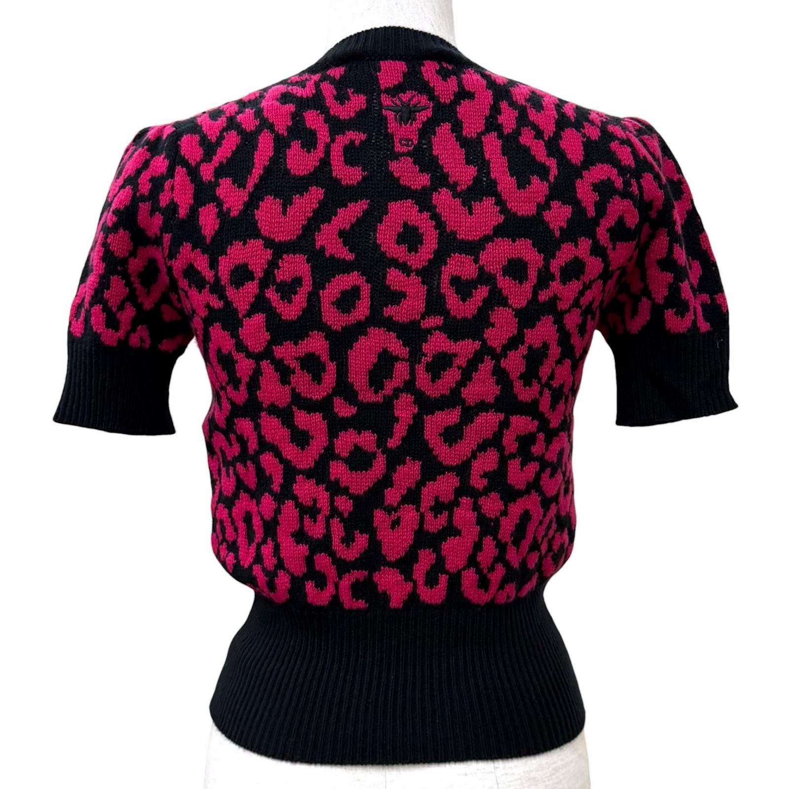 Dior Cashmere Bee Embroidered Leopard Pattern Short Sleeve Knit Pink Black 38 — view 3