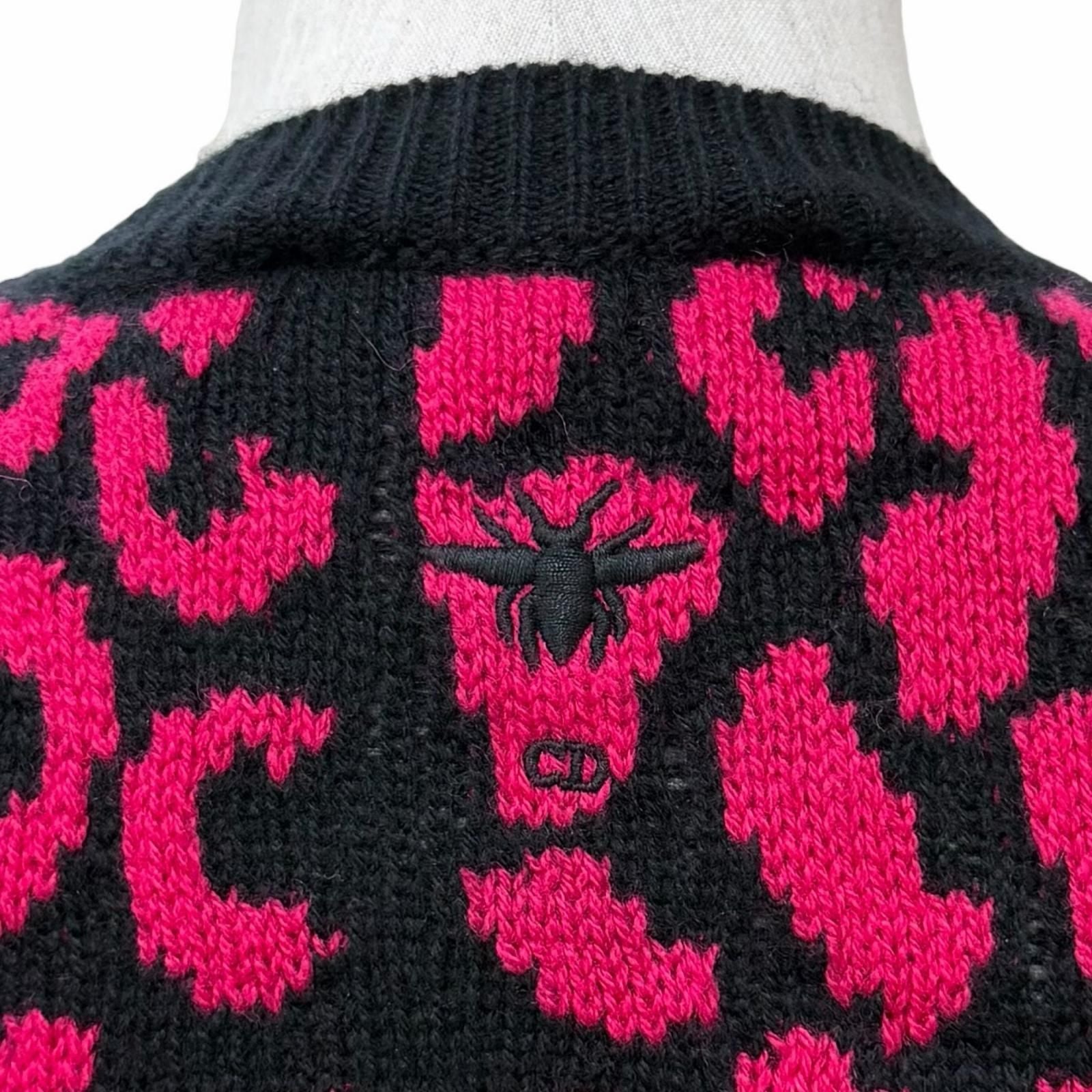 Dior Cashmere Bee Embroidered Leopard Pattern Short Sleeve Knit Pink Black 38 — view 5