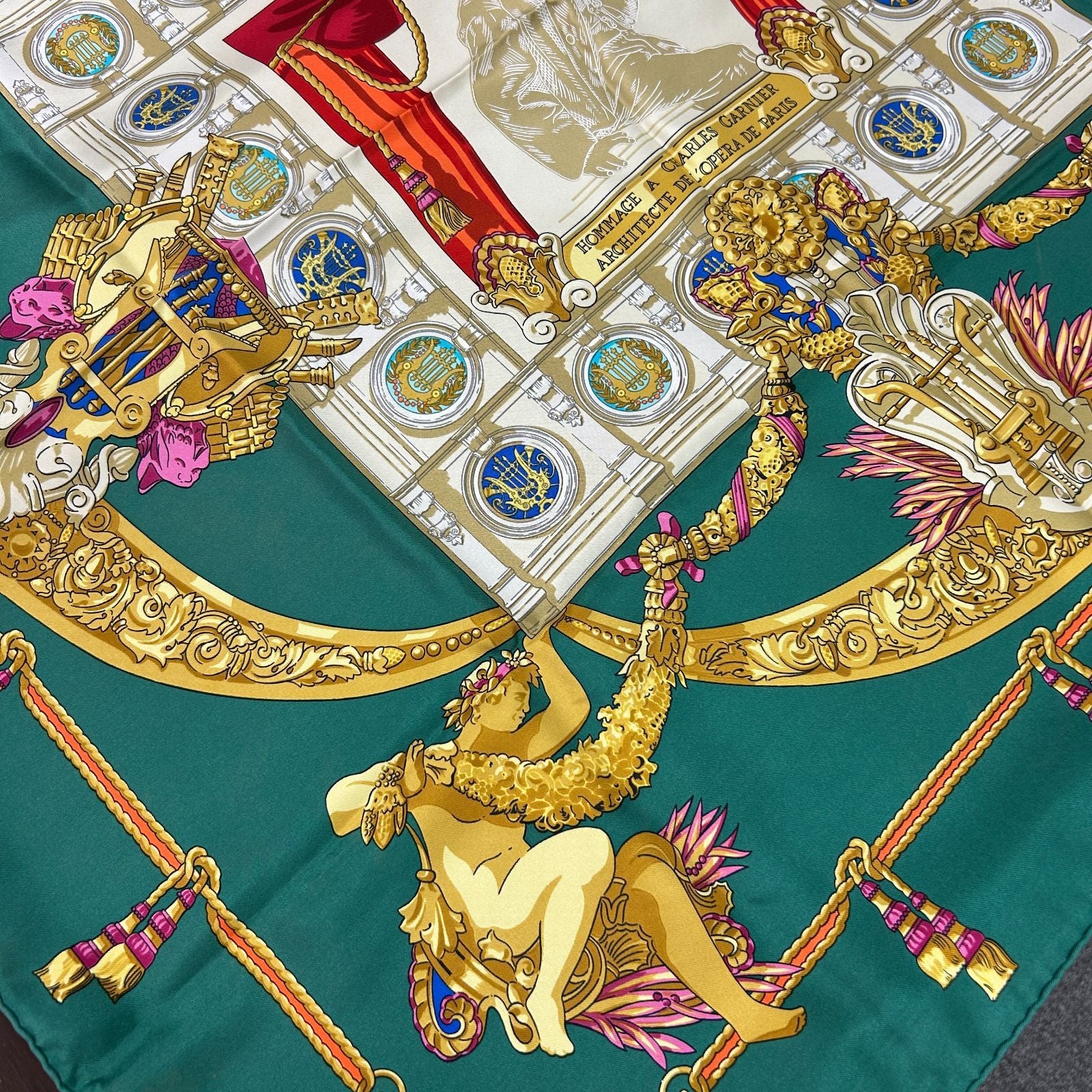 Hermes Carre 90 Scarf Hommage a Charles Garnier Lou Tribute to Green Silk — view 3